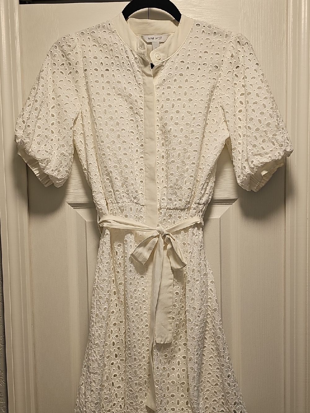 Nine West White Eyelet Tie-Waist Midi Dress